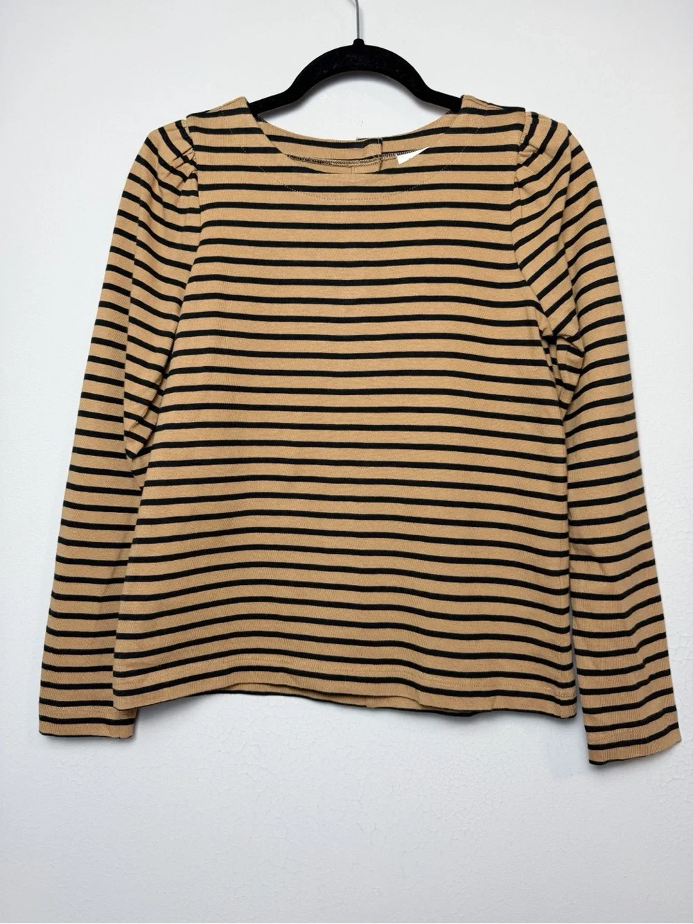 J. Crew Camel/Black Stripe Puff Sleeve Button Back Top